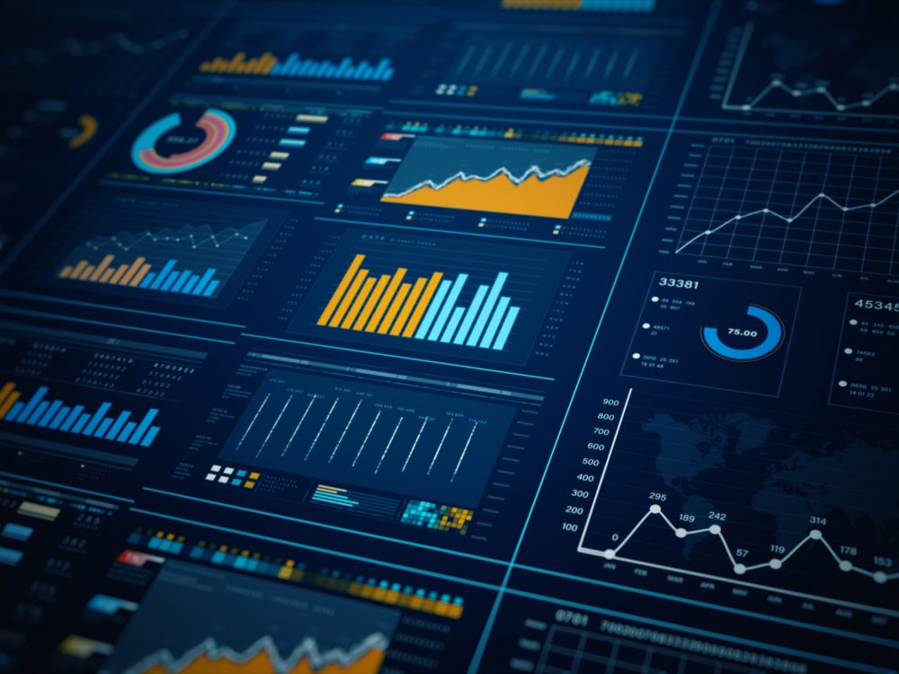 Dark blue background with graphs and charts