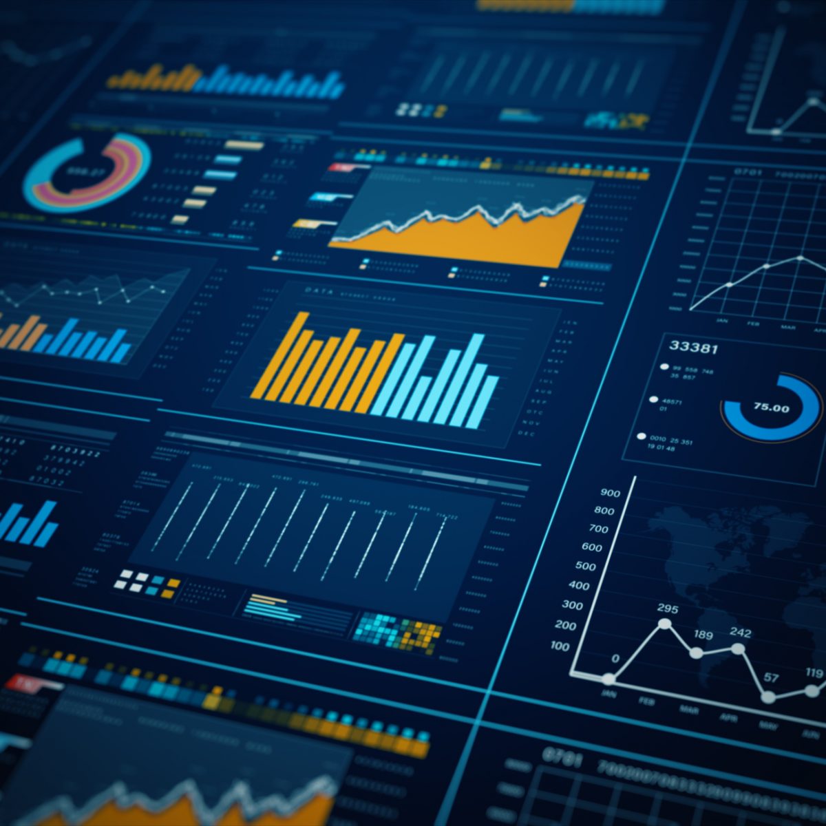 Dark blue background with graphs and charts